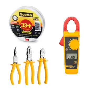 Foto mostrando ferramentas e utilidades, uma fita isolante, um medidor de voltagem e alicates